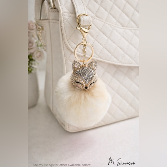 Accessories - Fluffy Fox Bag Charm Keychain - Cream - Pearl & Rhinestone Pom Accessory